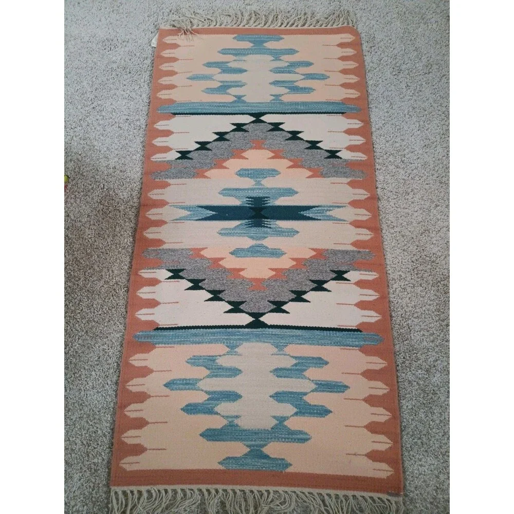 Vintage Saltillo Style Flatweave Rug 20x40 Natural Dyes EUC Aztec SW Tribal